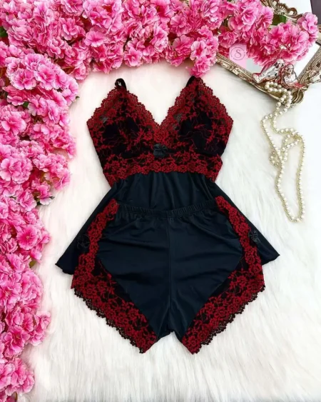 BABY DOLL LUXO FRANCESA - NEGRO CON ROJO