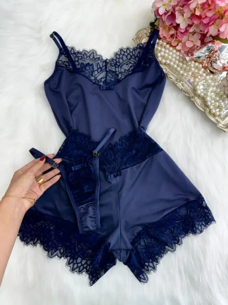 BABYDOLL ENCANTO RENDA PARIS - AZUL ESCURO